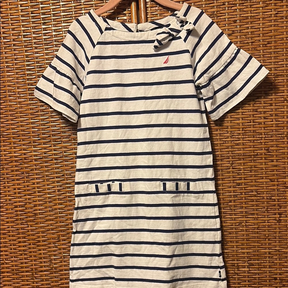 Nautica White and Navy Striped Girls Dress with Bow size 6 EUC